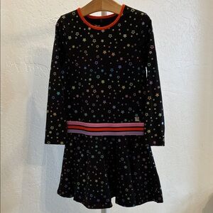 deux par deux Black Foil Star Print Long Sleeve Casual Dress with Red Trim